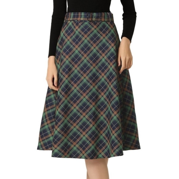 Allegra K Women's Tartan Plaid High Waist Belted Vintage A-Line Midi Skirt new - Picture 1 of 11